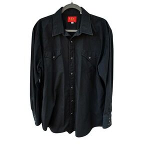 Vintage ELY Plains Men's Black Western Shirt Long Sleeve‎ Snap Casual 17 34-35